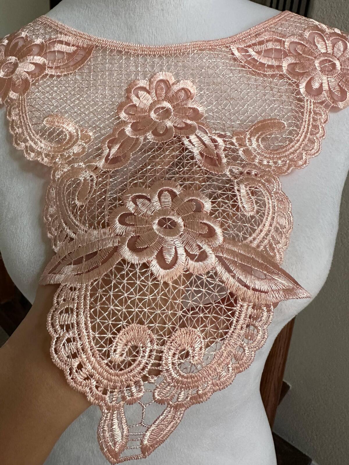 Muted Apricot Peach Mesh Floral Embroidered Collar Applique Detachable Lace Neckline Bib Motif for Dress Blouse Sewing, 11" x 18.5"