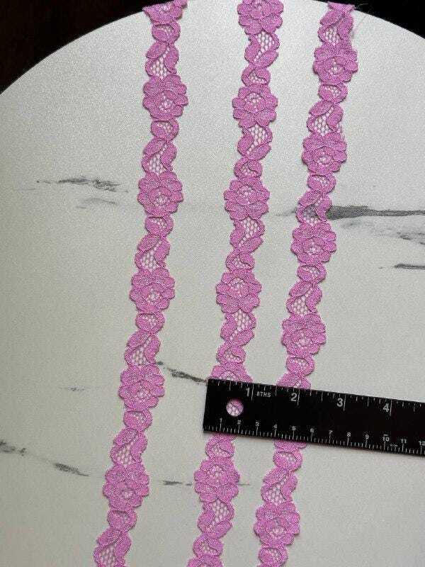 Bright Candy Pink Floral Stretch Elastic Lace Trim Symmetrical Double Scalloped Galloon Ribbon for Lingerie Underwear Crafts Sewing, 1"