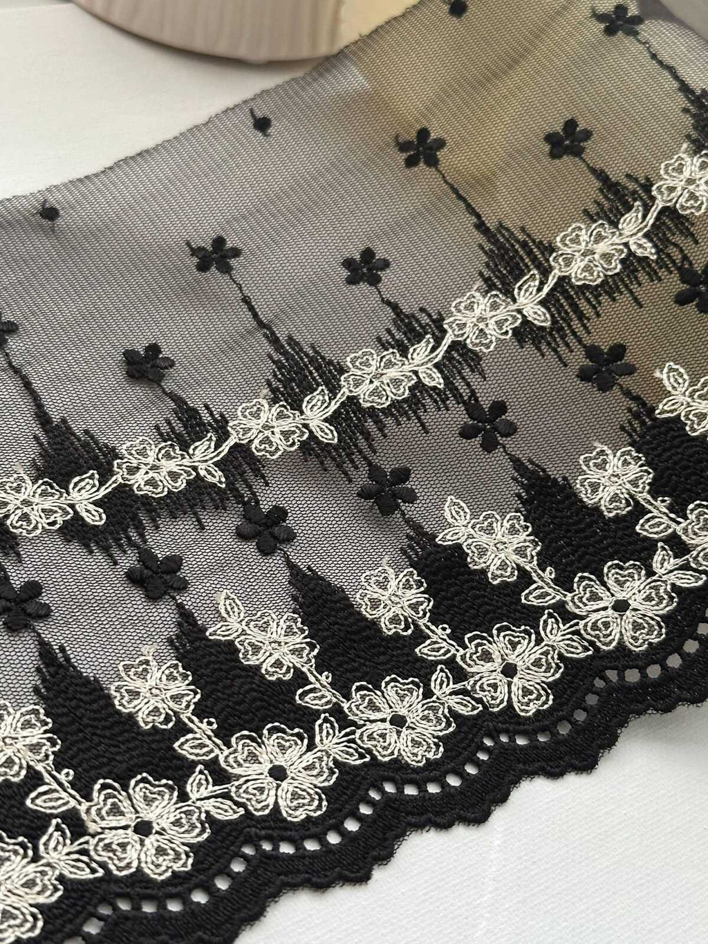 1Yd Non-Stretch 6.9" Black Off-White Floral Embroidered Mesh Lace Wholesale