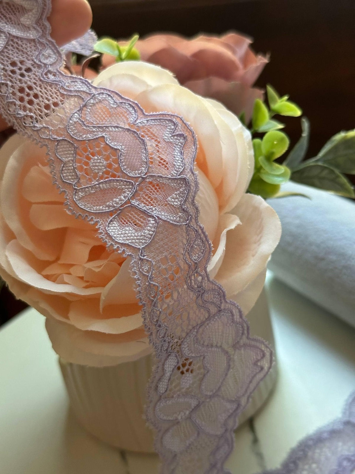 10yds Soft Dusty Lilac Floral Wavy Stretch Lace Trim by the Yard, Scalloped Elastic Ribbon for Coquette Crafts, 1.75", Retail Wholesale Bulk