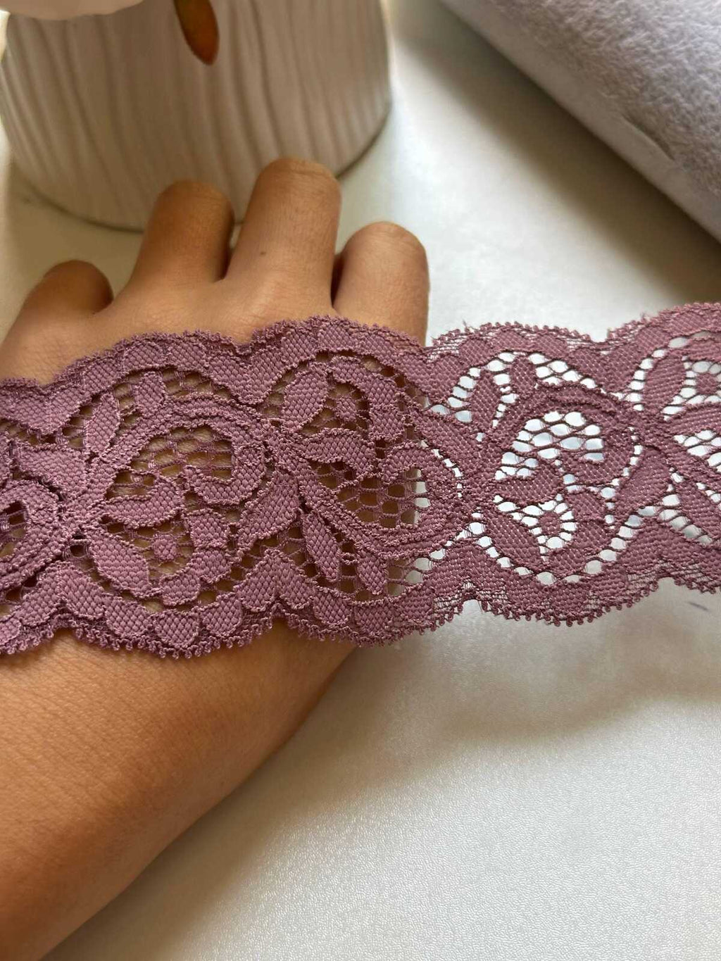 Dusty Plum Rose Floral Eyelash Slight Stretch Lace Trim by the Yard, Structured Elastic Ribbon for Crafts, 2.1", Retail Wholesale Bulk