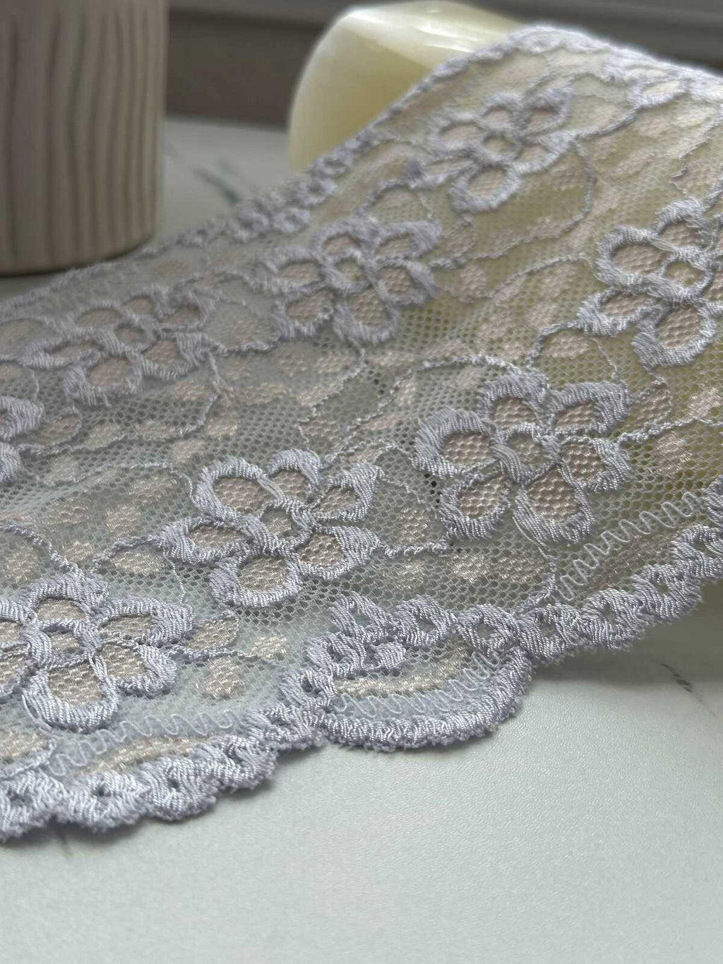 1Yd Stretch 5.5" Muted Lavender Floral Embossed Stretch Lace Trim Wholesale