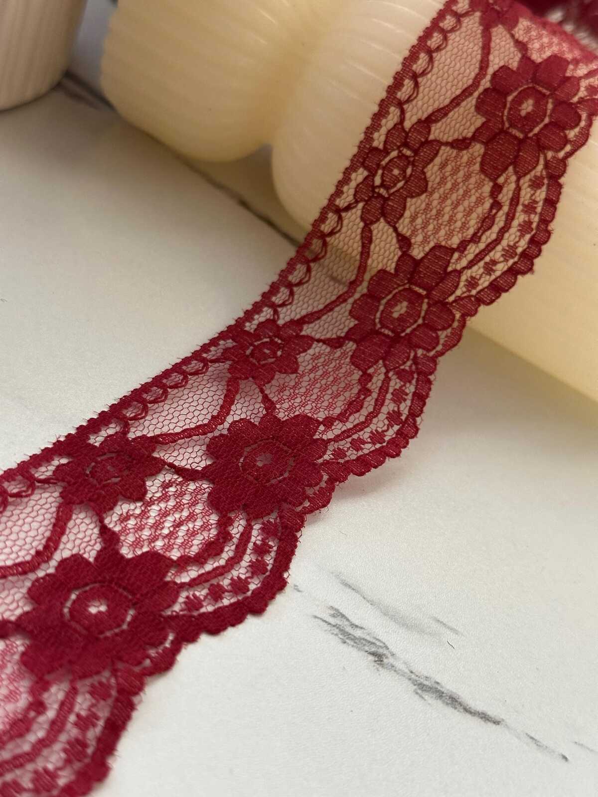 10Yds Non-Stretch 1.6" Burgundy Wine Red Floral Mesh Lace Trim Wholesale