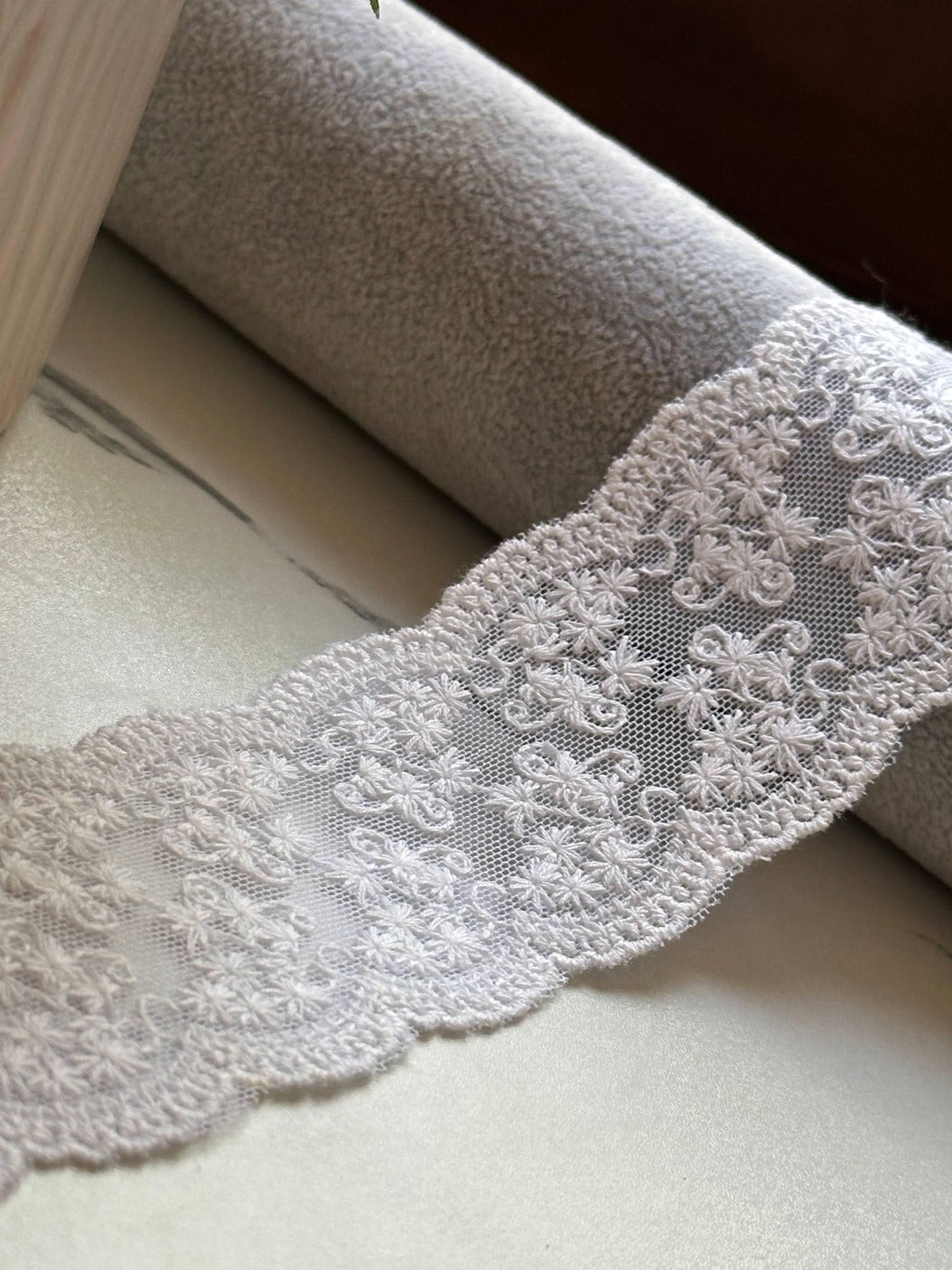 Off White Cotton Thread Embroidered Mesh Non Stretch Lace Trim by the Yard, Soft Floral Scalloped Ribbon for Lingerie Bridal, 2"