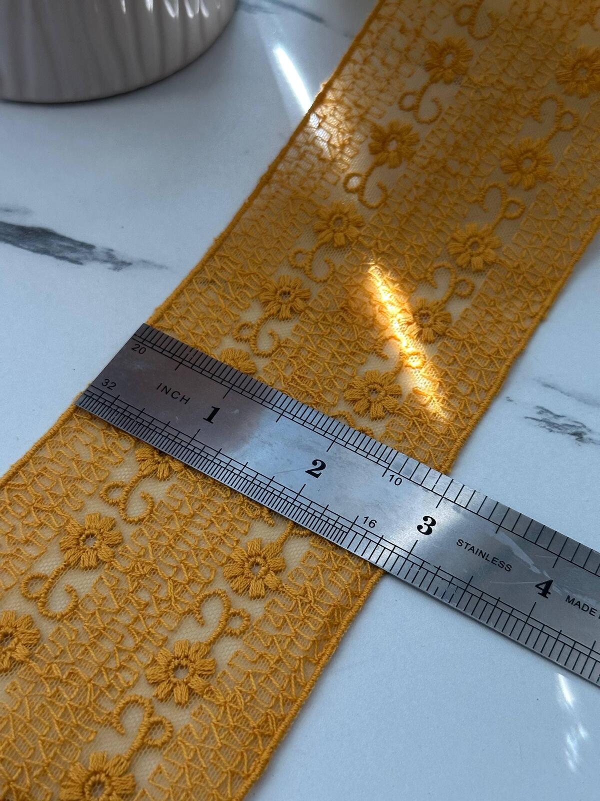 1Yd Non-Stretch 2.9" Mustard Yellow Floral Embroidered Cotton Lace Trim