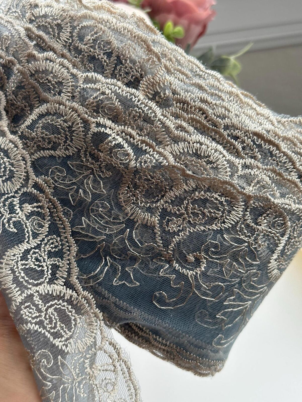 1Yd Non-Stretch 3.7" Dusty Blue Beige Embroidered Floral Mesh Lace Wholesale