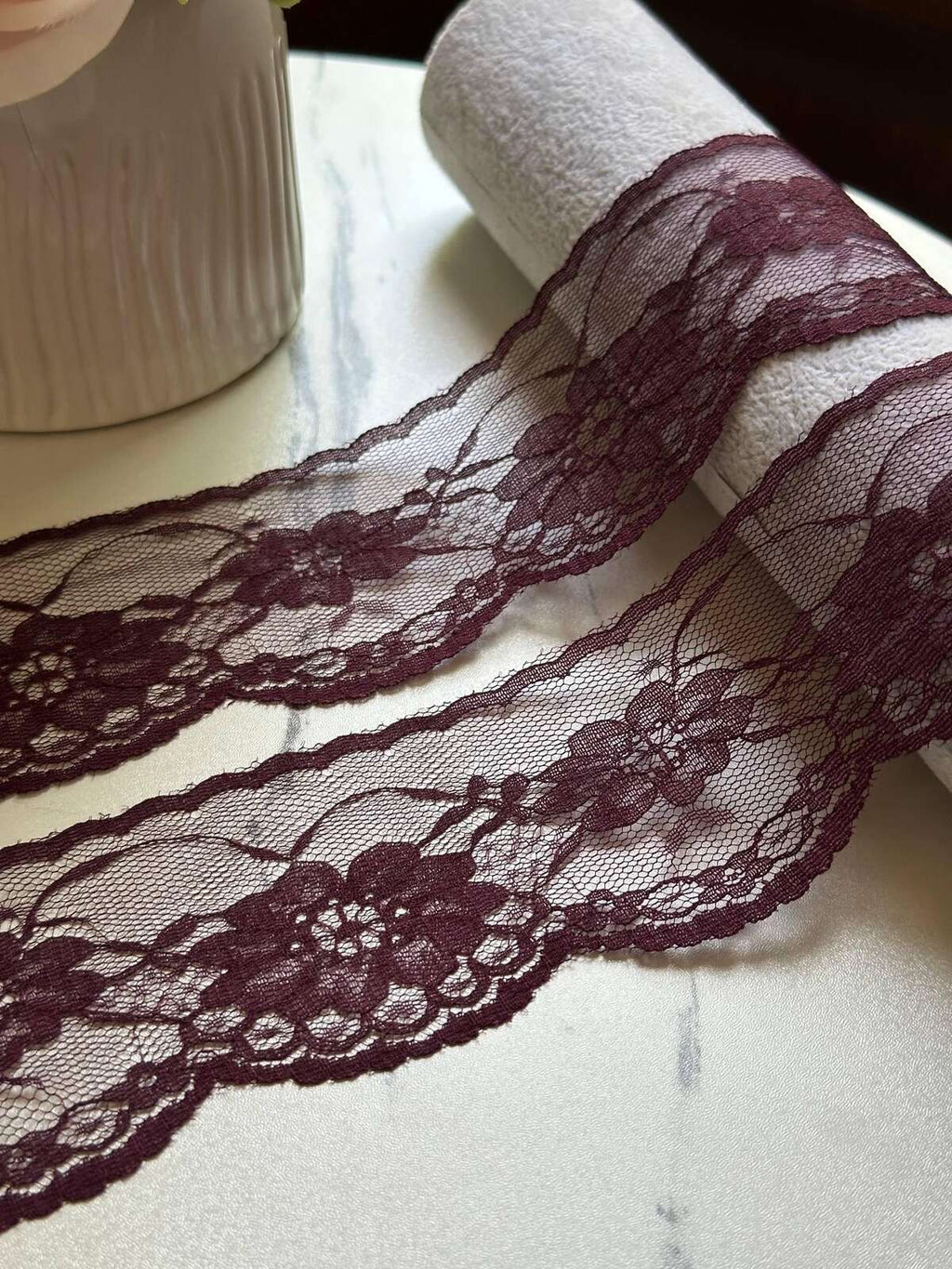 10yds Burgundy Floral Lace Trim by Yard, Non Stretch Drape Ribbon, Soft Skin Friendly Coquette Craft Supply, 2", Retail Wholesale Bulk