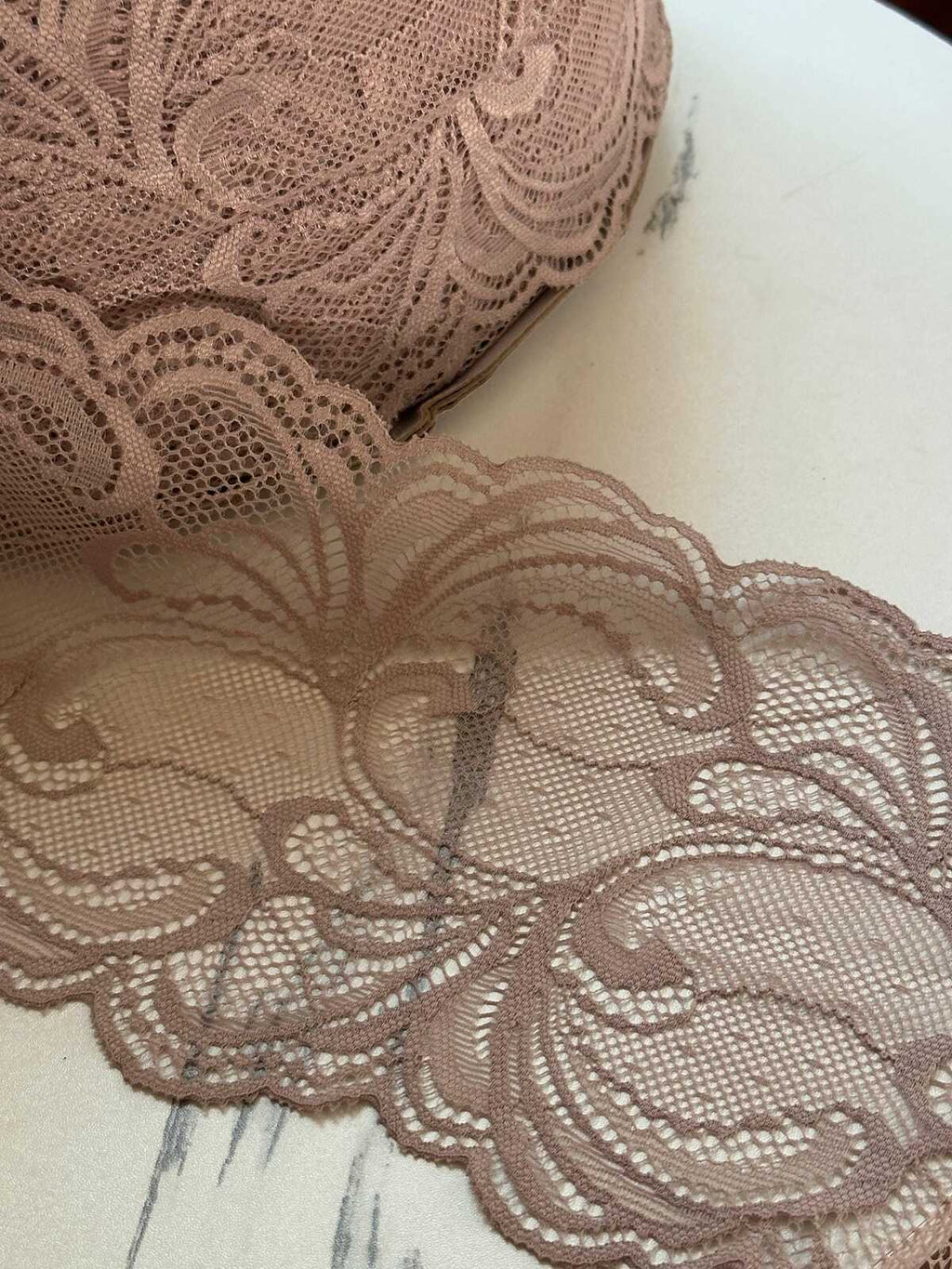 Dusty Rose Mauve Floral Wide Stretch Lace Trim by the Yard, Soft Scalloped Elastic Ribbon for Lingerie Apparel, 4.5"