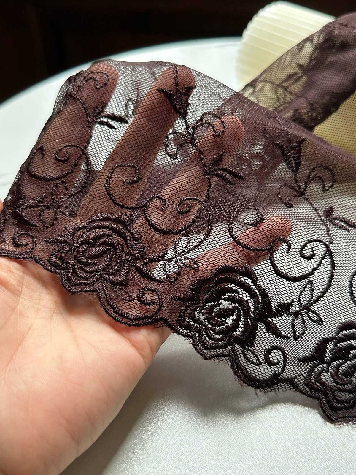 Espresso Brown Rose Embroidered Tulle Mesh Lace Trim by the Yard, Soft Wide Sheer Floral Ribbon for Lingerie Bridal Veil, 6"