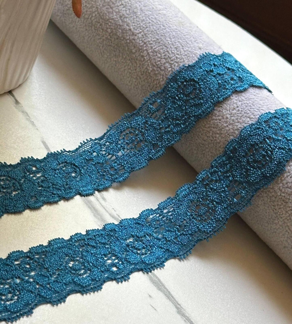 10yds Soft Peacock Teal Blue Floral Stretch Lace Trim by the Yard, Narrow Scalloped Elastic Ribbon for Coquette Crafts, 1", Retail Wholesale