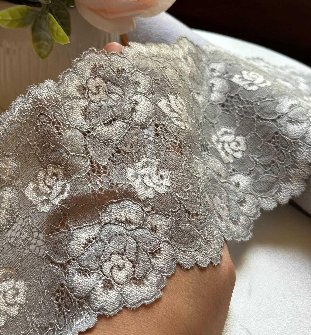 Silver Grey Corded Rose Floral Lace Trim by the Yard, Structured Slight Stretch Ribbon for Crafts, 5", Retail Wholesale Bulk