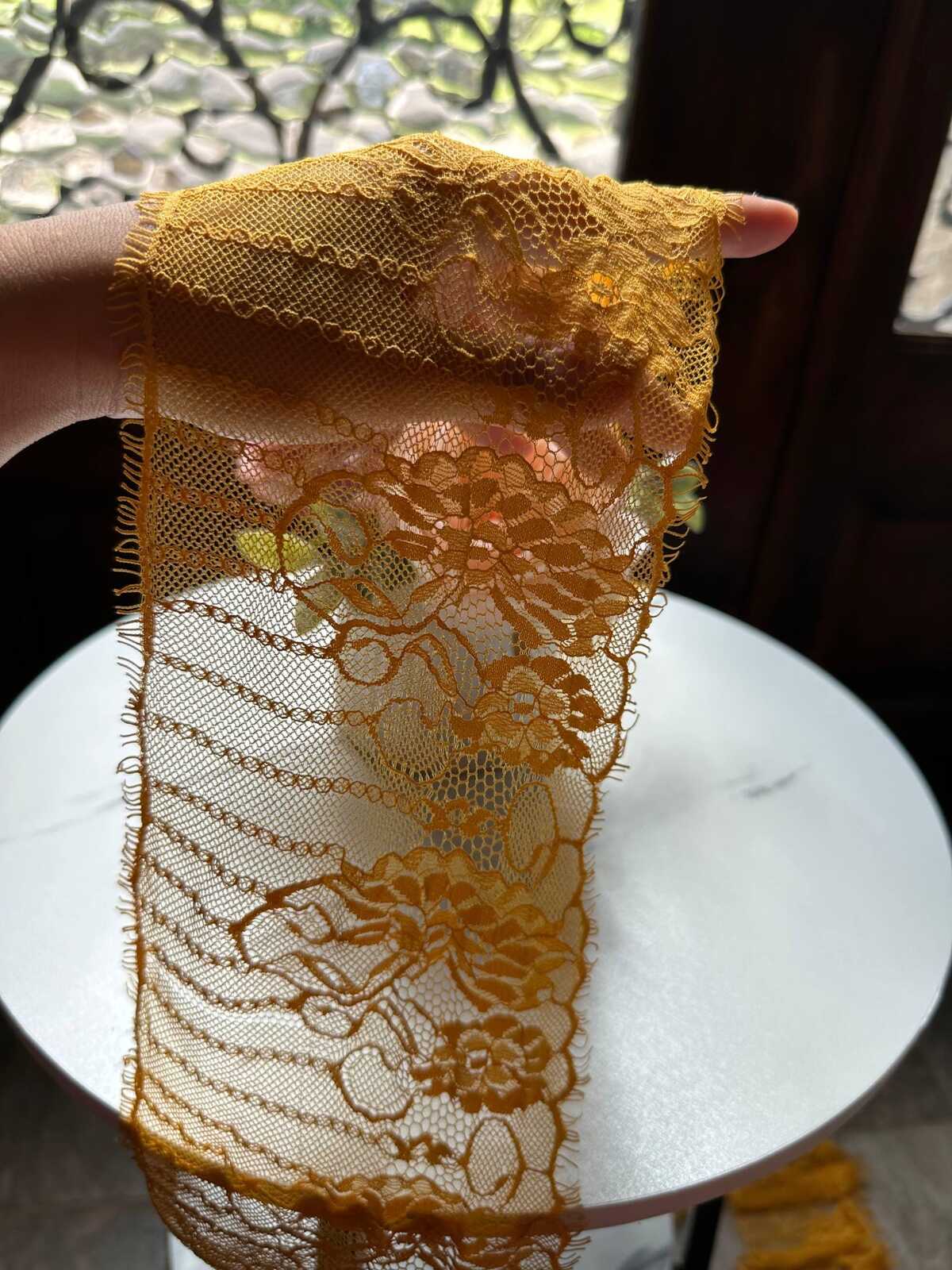 Mustard Yellow Chantilly Eyewinker Eyelash Lace Trim 3.3 Yards Piece, Floral Striped Sheer Galloon Border for Lingerie Bridal, 4.5"