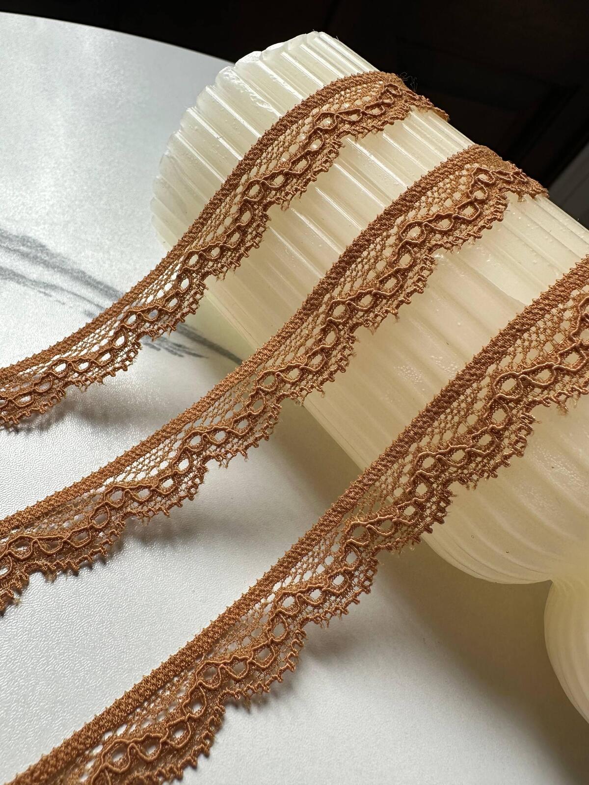 10yds Caramel Camel Brown Cordonnet Corded Stretch Elastic Lace Trim Single Scalloped Narrow Ribbon for Lingerie  Crafts Sewing, 0.6"