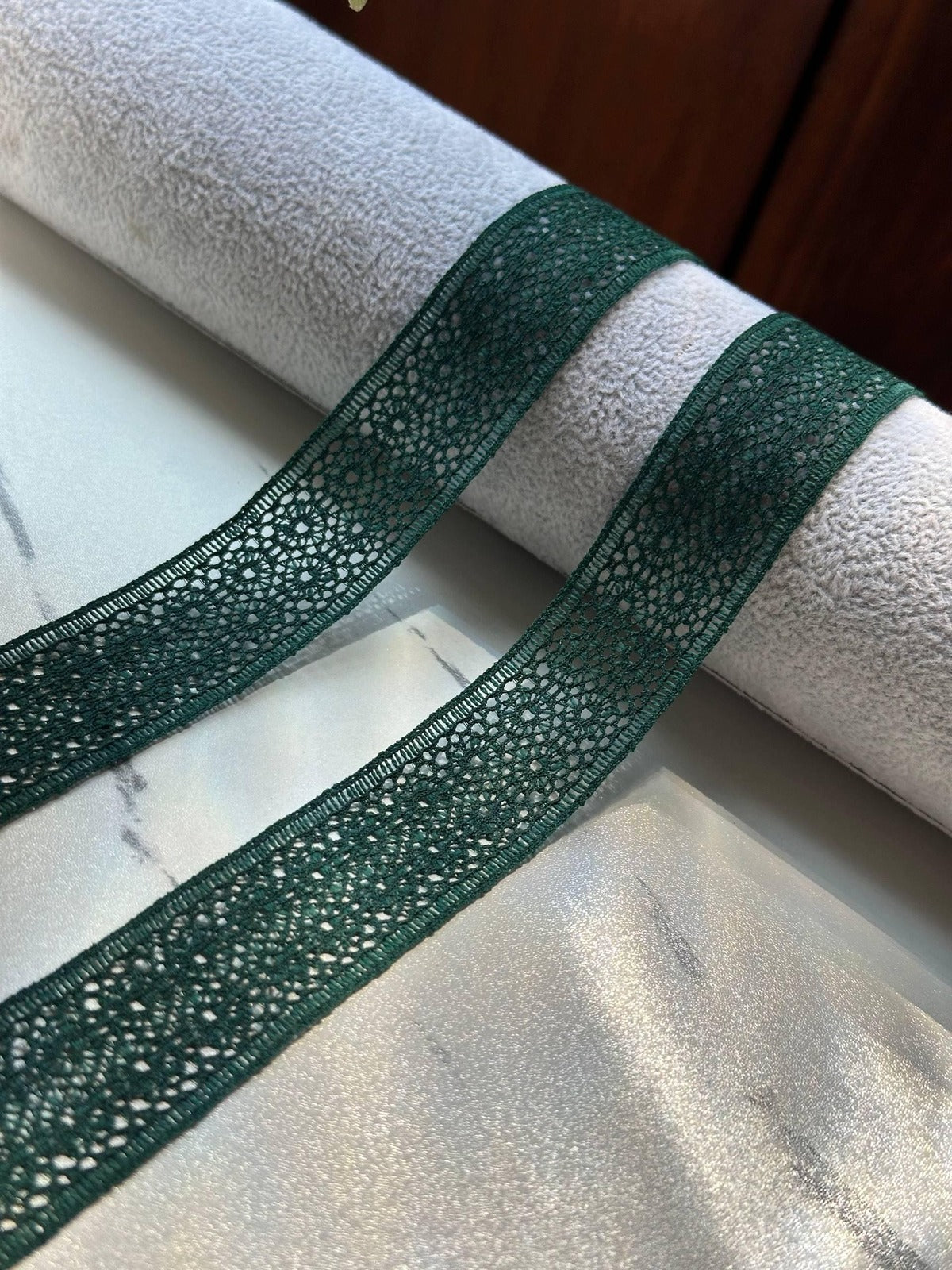 10yds Dark Forest Christmas Green Stretch Lace Trim by Yard, Elastic Ribbon, Coquette Craft Supply, 1", Retail Wholesale Bulk
