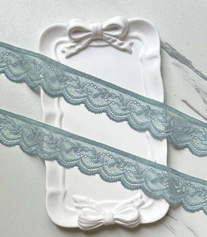 10yds Dusty Sage Mint Blue Foliage  Stretch Elastic Lace Trim Single Scalloped Narrow Ribbon for Lingerie Underwear Crafts Sewing, 1.25"