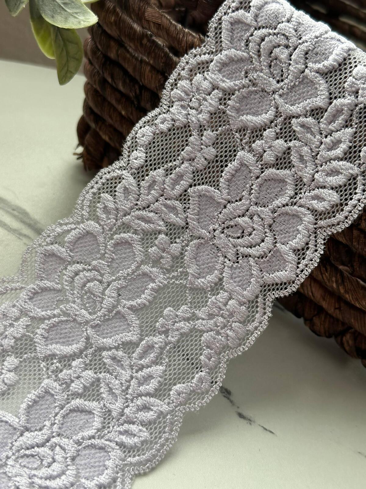 10Yds Stretch 3.2" Light Purple Embossed Floral Scalloped Stretch Lace Trim