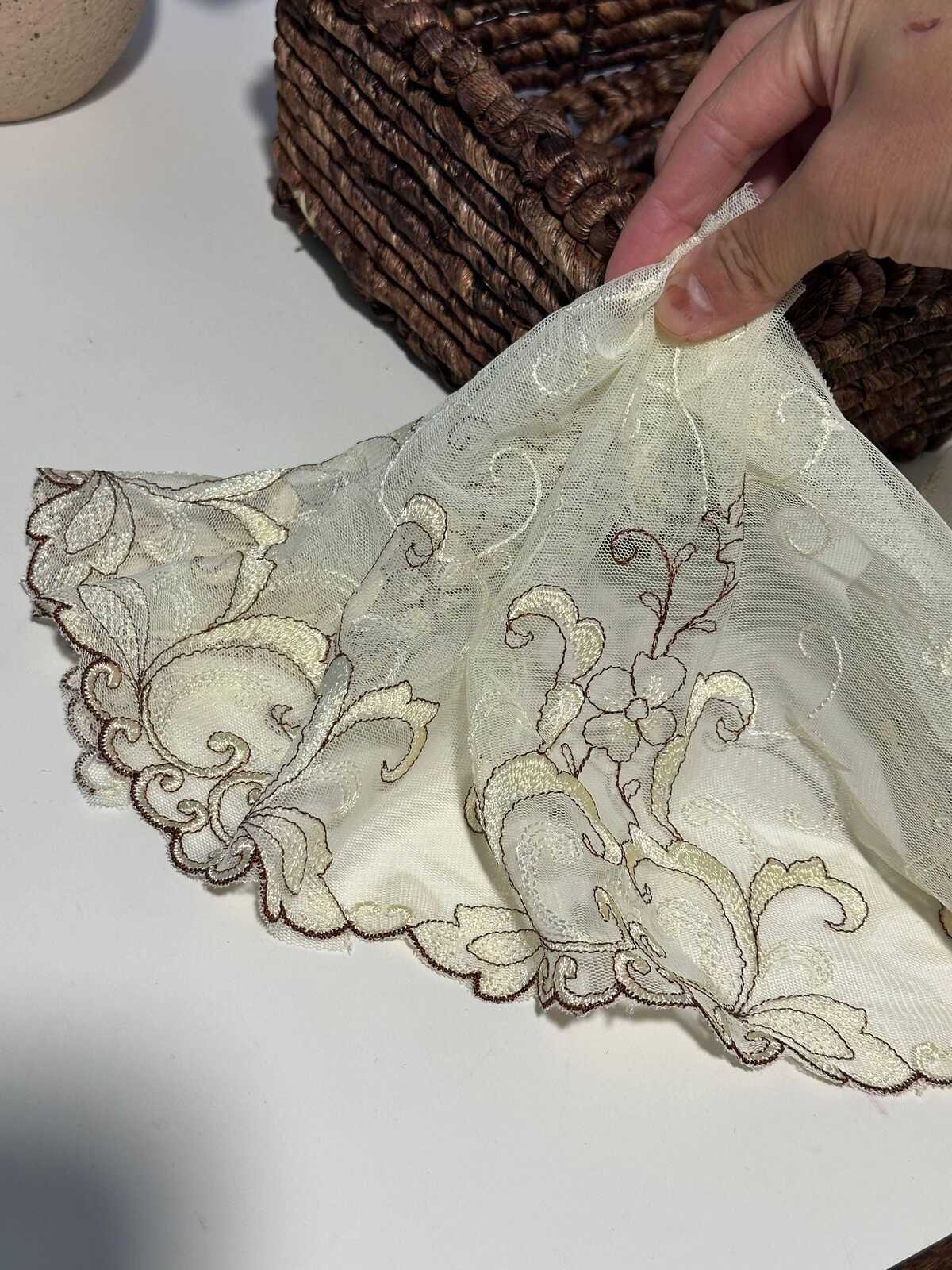 1Yd  9" Cream Beige Floral Embroidered Tulle Mesh Lace Trim, Wholesale