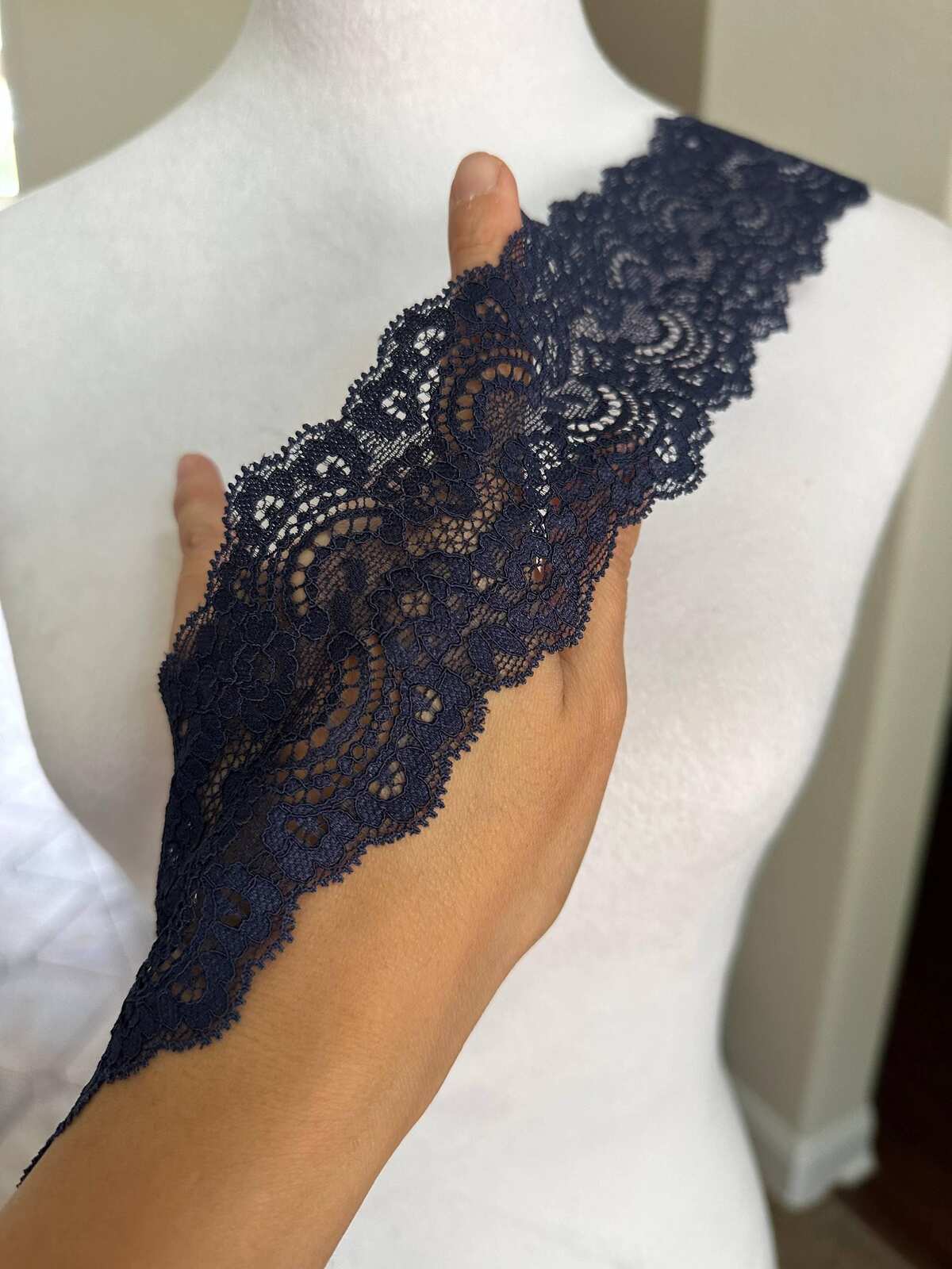 Deep Navy Blue Floral Stretch Elastic Lace Trim Symmetrical Double Scalloped Wide Galloon Ribbon for Lingerie Underwear Crafts, 2.35"