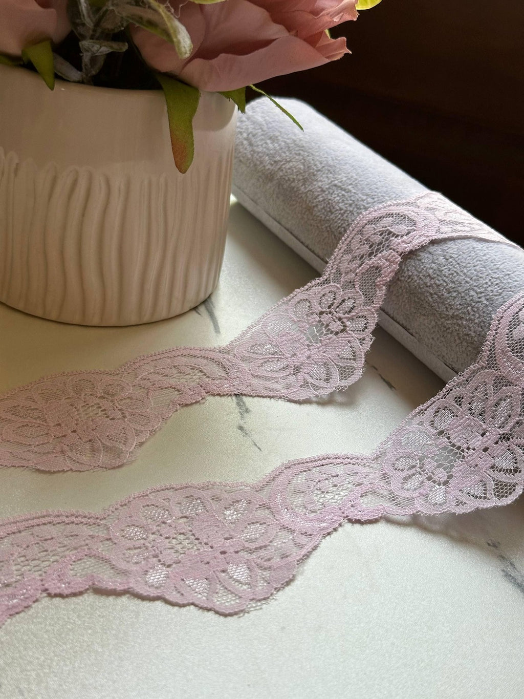 10yds Dusty Mauve Pink Floral Scalloped Non Stretch Lace Trim by the Yard, Wavy Edge Galloon Ribbon for Apparel Crafts, 1.85"  Wholesale