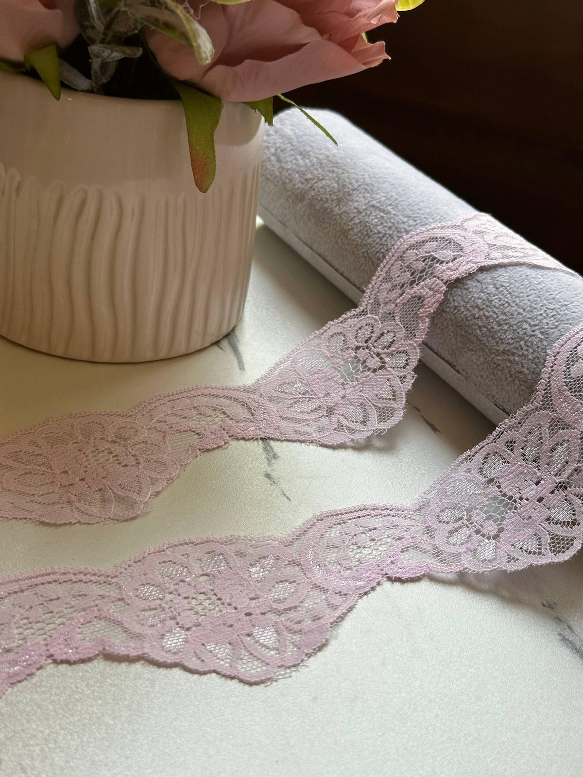 10yds Dusty Mauve Pink Floral Scalloped Non Stretch Lace Trim by the Yard, Wavy Edge Galloon Ribbon for Apparel Crafts, 1.85"  Wholesale