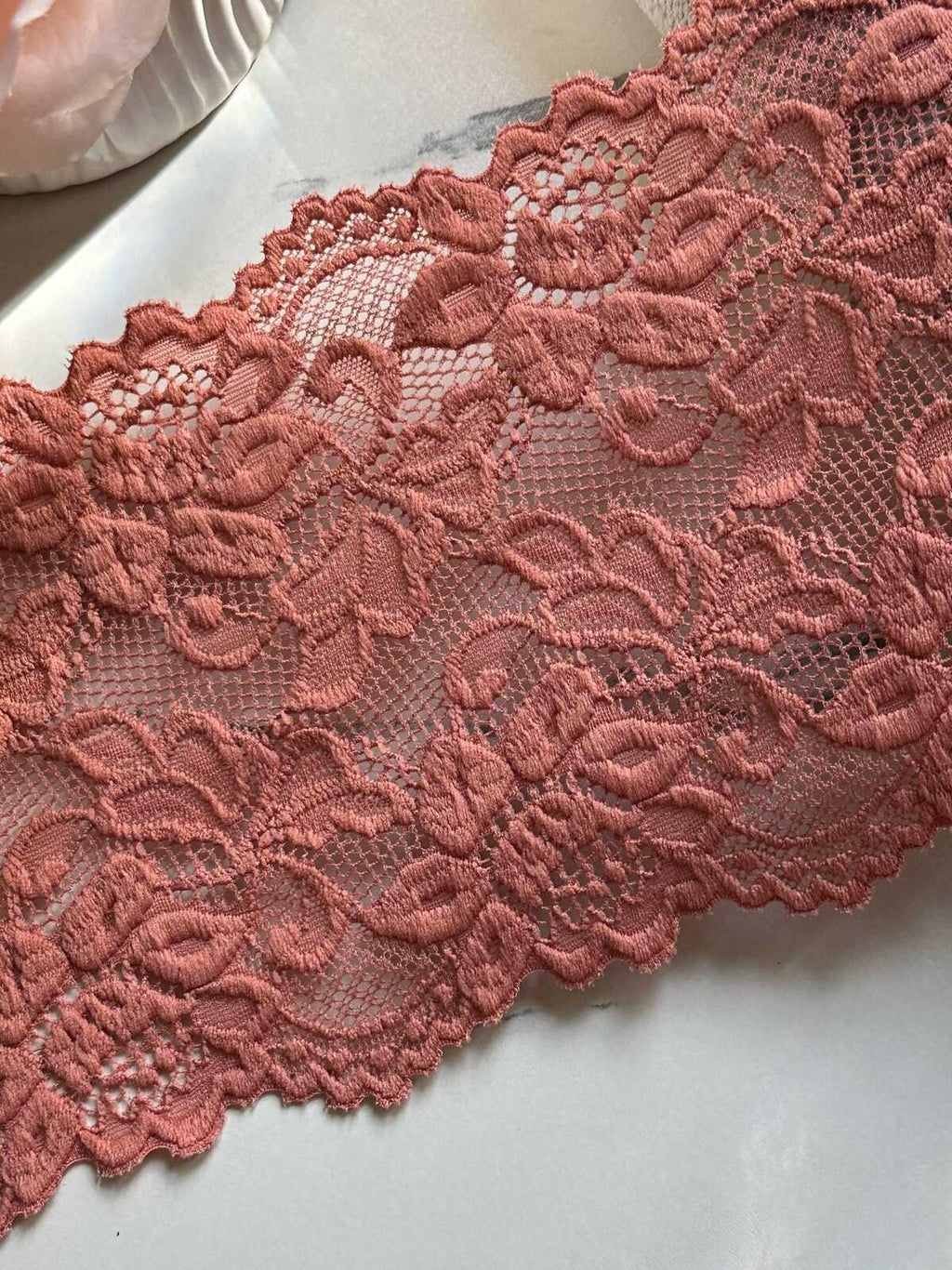 Dusty Rose Wide Lace Trim by Yard, 5" Floral Elastic Ribbon, Coquette Y2K Lace, Lingerie Lace, DIY Sewing Craft, Retail Wholesale