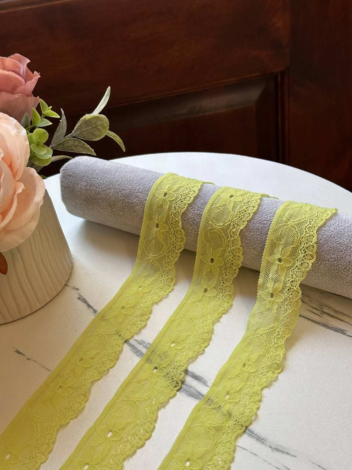 10yds Soft Greenish Lemon Yellow Floral Stretch Lace Trim by the Yard, Ultra Soft Elastic Ribbon for Coquette Crafts, 1.35" Retail Wholesale