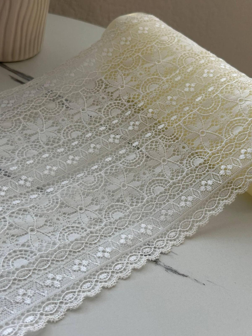 3Yds Stretch 7.2" French Off-White Floral Wide Stretch Lace Trim Wholesale