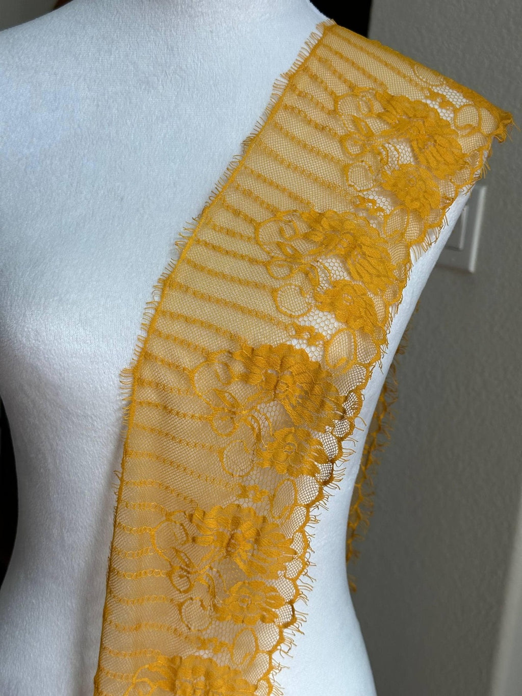 Mustard Yellow Chantilly Eyewinker Eyelash Lace Trim 3.3 Yards Piece, Floral Striped Sheer Galloon Border for Lingerie Bridal, 4.5"