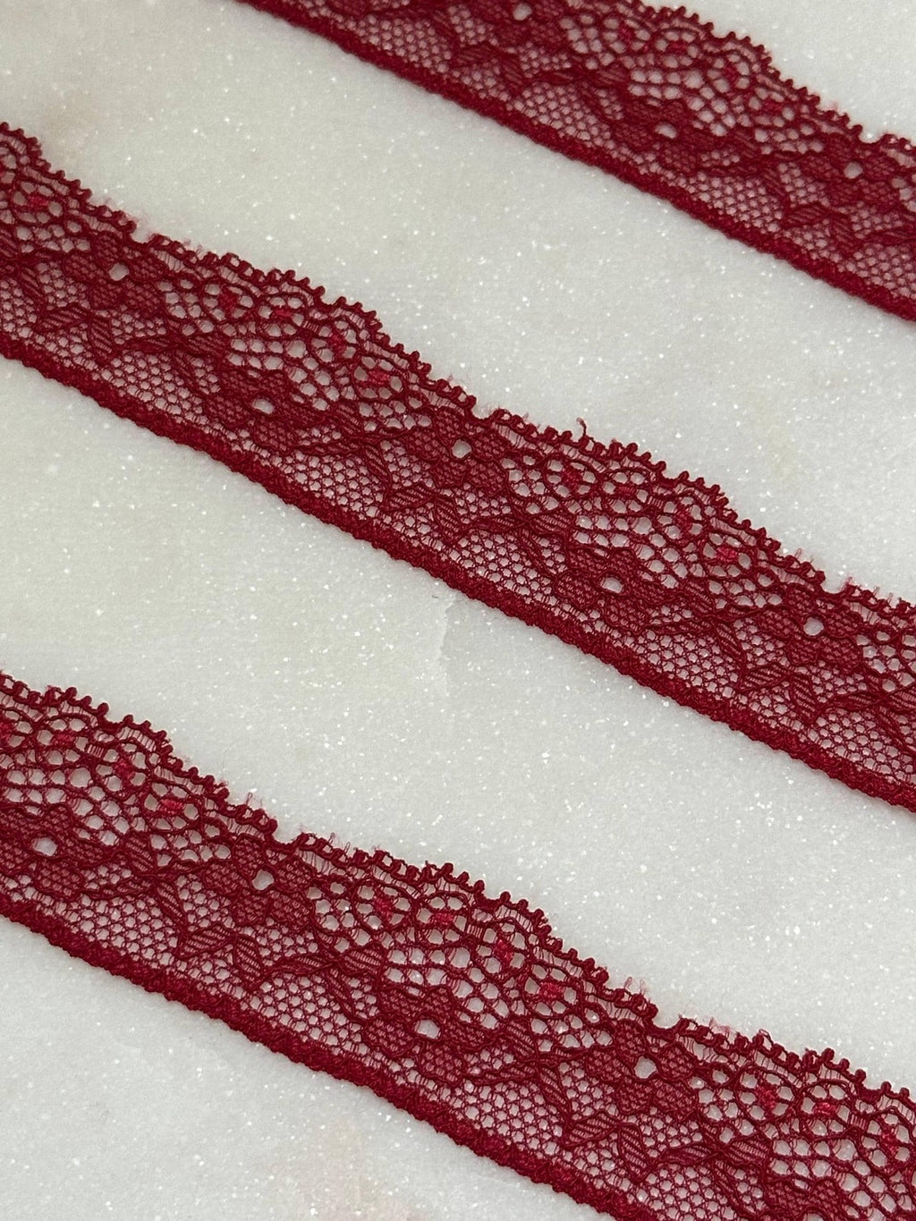 10yds Soft Crimson Wine Floral Stretch Eyelash Lace Trim by the Yard, Narrow Scalloped Elastic Ribbon for Crafts, 1", Retail Wholesale Bulk