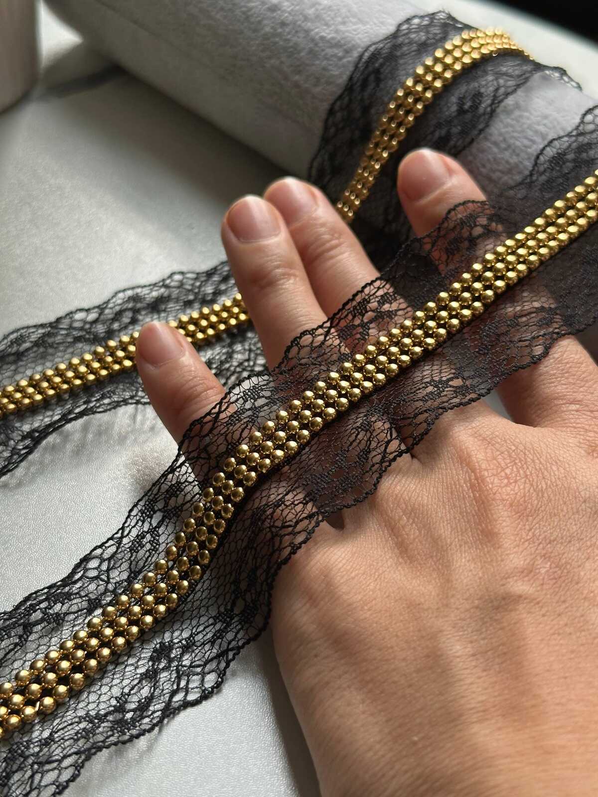 Black Wide Lace Trim by Yard, 1.5" Gold Chain Ribbon, Coquette Y2K Lace, Lingerie Lace, DIY Sewing Craft, Retail Wholesale