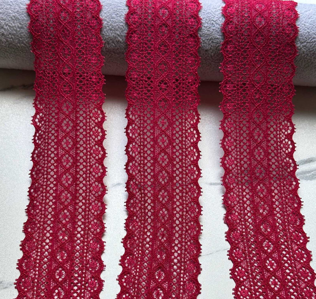 10yds 1.75" Retro Red Stretch Lace Trim Wide Crimson Geometric Elastic Galloon Scalloped Edge Lace for Lingerie Garment Sewing Crafts