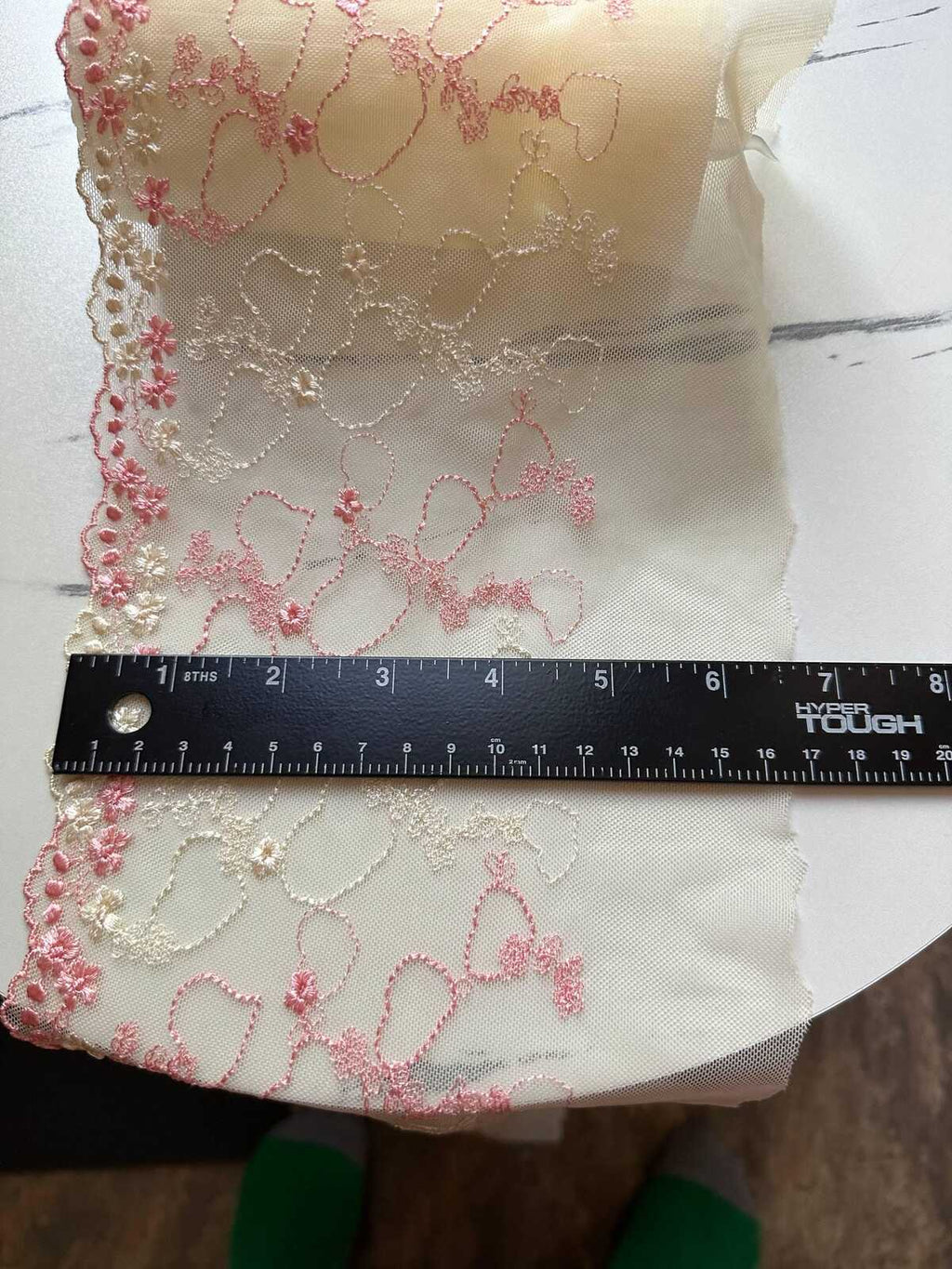 Two Tone Cream & Pink Hearts Embroidered Mesh Tulle Lace Trim Single Scalloped Edge Non Stretch Ribbon for Gowns Lingerie Crafts Sewing,6.5"