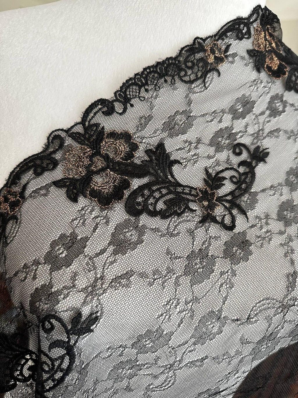1Yd Non-Stretch 10" Black Floral Chantilly Embroidered Lace Trim, Wholesale