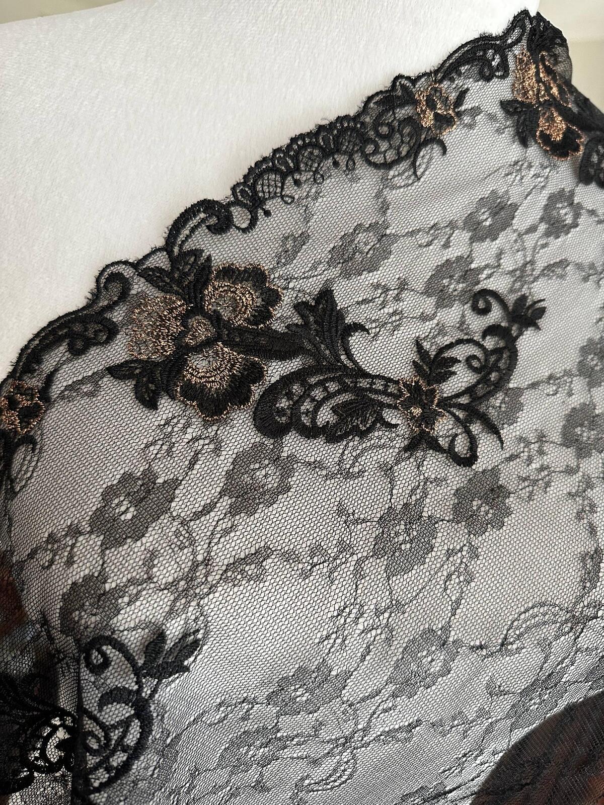 1Yd Non-Stretch 10" Black Floral Chantilly Embroidered Lace Trim, Wholesale