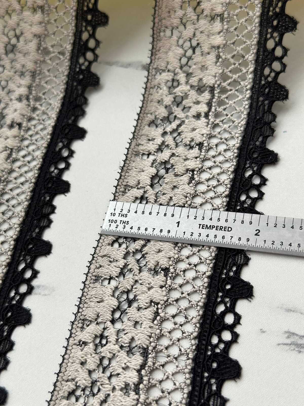 6Yds Stretch 2" Black Off-White  Two Tone Unique Floral Mesh Stretch Lace Trim