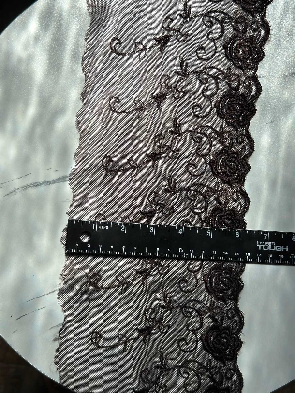 Espresso Brown Rose Embroidered Tulle Mesh Lace Trim by the Yard, Soft Wide Sheer Floral Ribbon for Lingerie Bridal Veil, 6"
