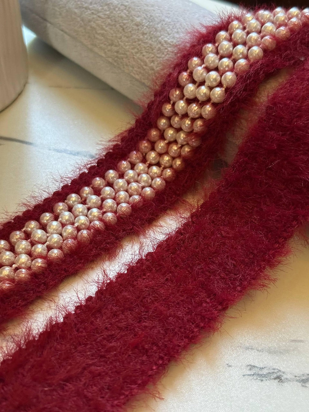 Burgundy Pearl Beaded Tweed Trim by Yard, 1.35" Fuzzy Mohair Ribbon, Chanel Style Border, Coquette Craft Supply, DIY Sewing,Retail Wholesale