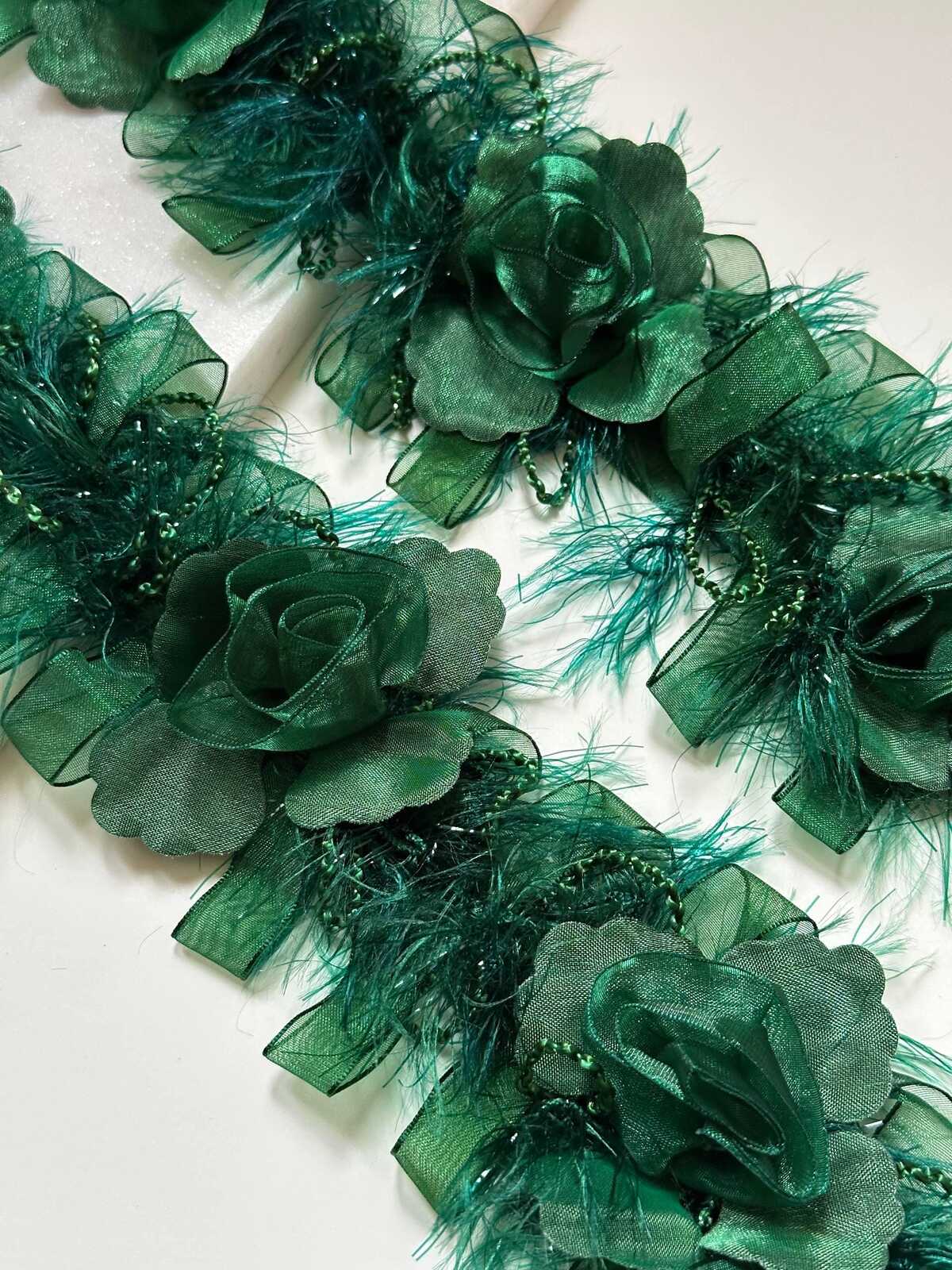 Emerald Green 3D Organza Rose Feather Beaded Trim, Wide Ribbon Garland, Coquette Craft Supply, 3", Retail Wholesale Bulk