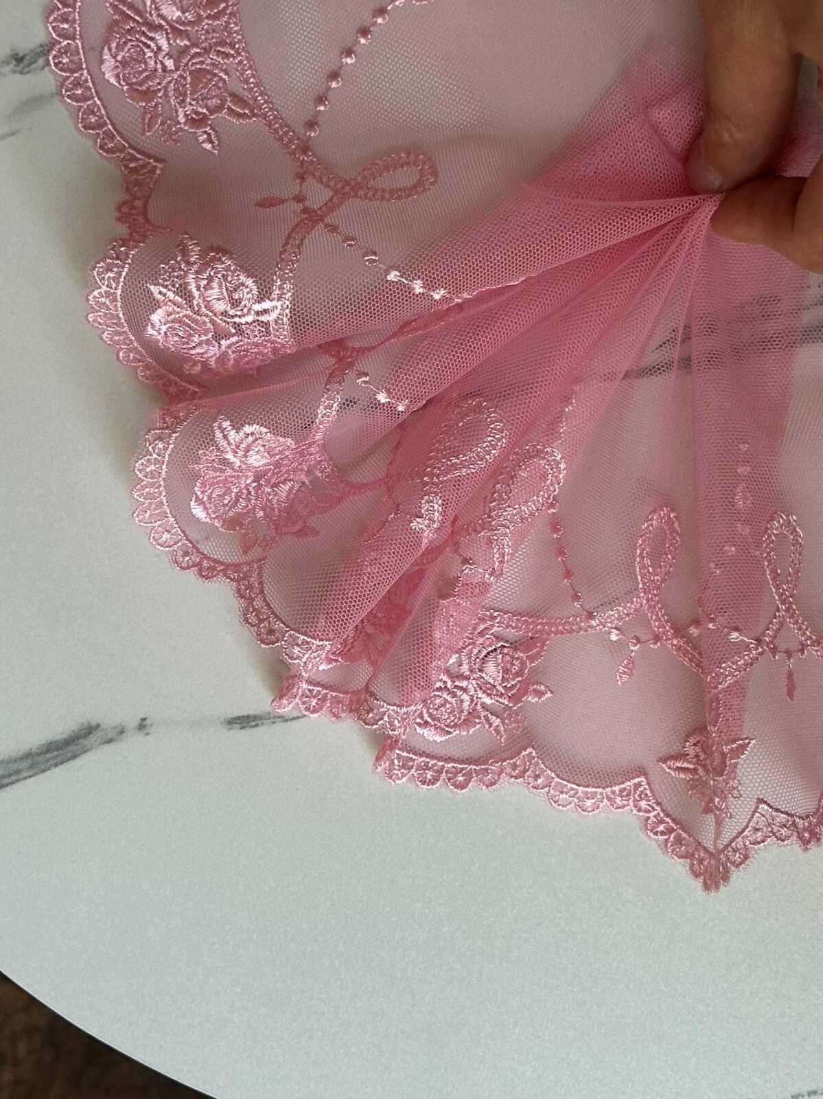 Light Baby Pink Rose Embroidered Mesh Tulle Lace Trim Symmetrical Double Scalloped Wide Galloon Ribbon for Gowns Lingerie Crafts Sewing, 6"