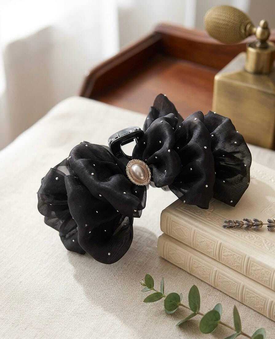 2Pcs Bundle   Handmade Black Rhinestone Mesh Hair Claw Clip and Headband Set, Sparkly Gothic Glam Tulle Hair Accessories  Prom Party Gift
