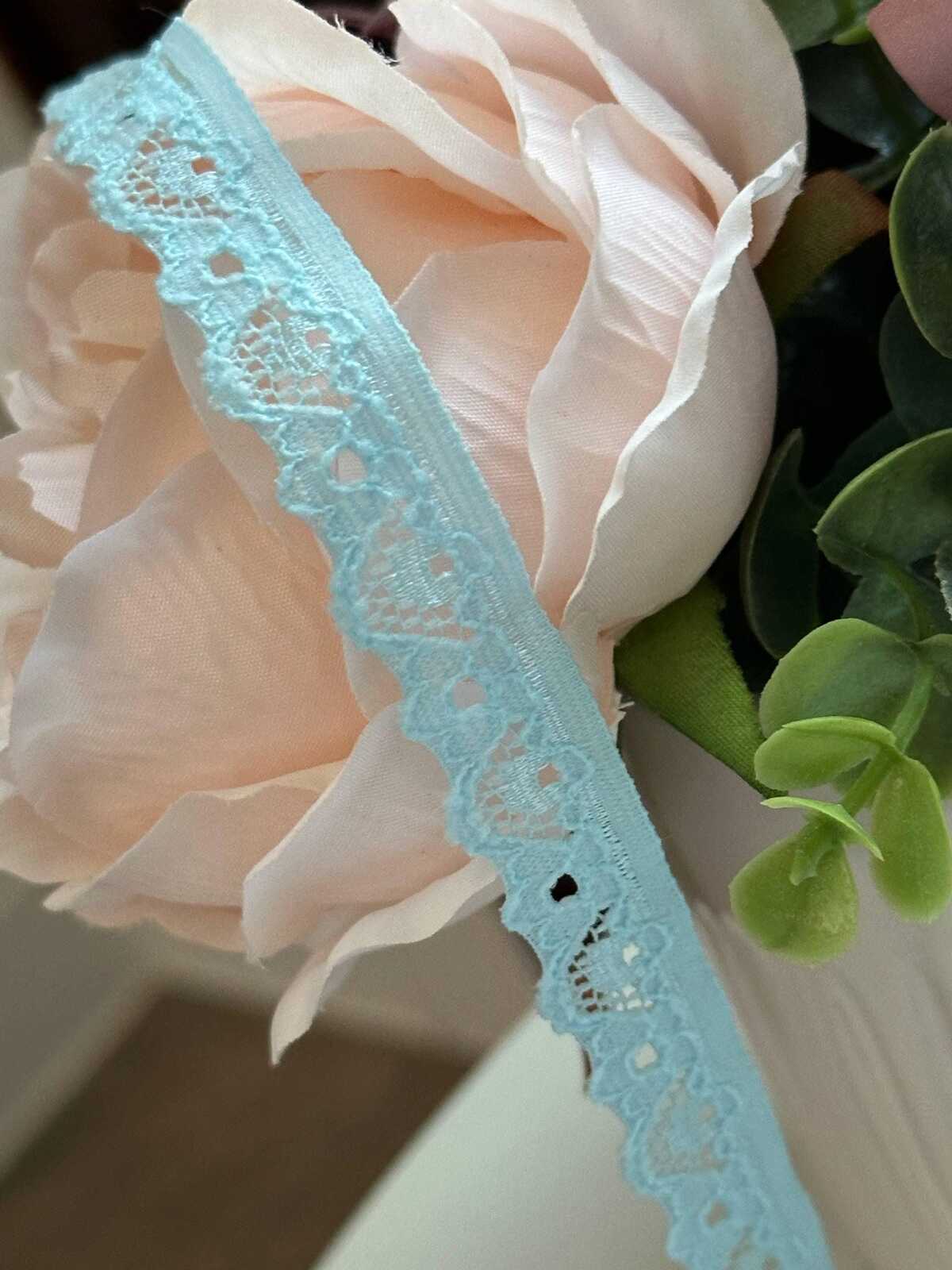 10yds Soft Ice Blue Floral Stretch Lace Trim , Narrow Scalloped Elastic Ribbon for Coquette Lingerie Crafts, 0.5",Retail Wholesale Bulk