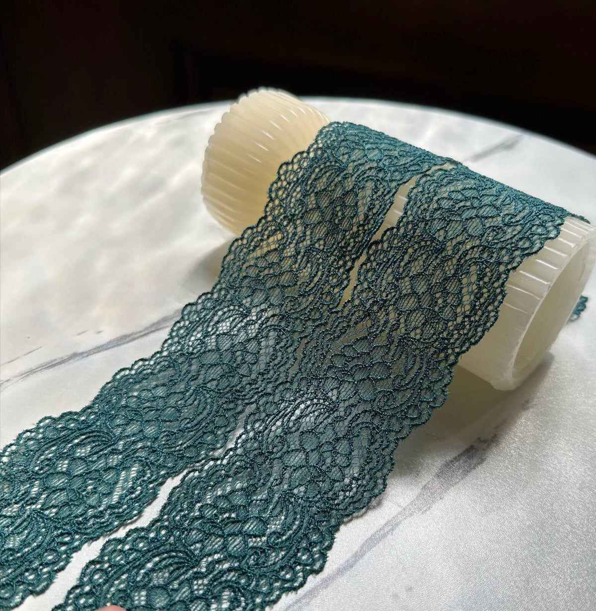 10yds Deep Forest Teal Green Floral Stretch Elastic Lace Trim Symmetrical Double Scalloped  Ribbon for Lingerie Crafts Sewing 1.85"
