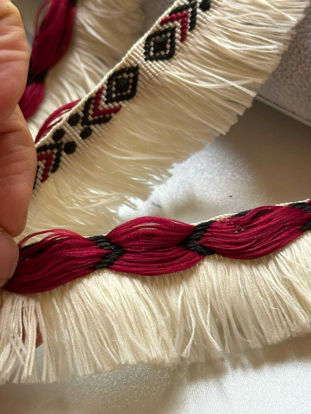 Burgundy Black Tribal Geometric Brush Fringe Trim by the Yard, Cotton Woven Jacquard Tassel Trim for Pillows Home Decor, 1.75"