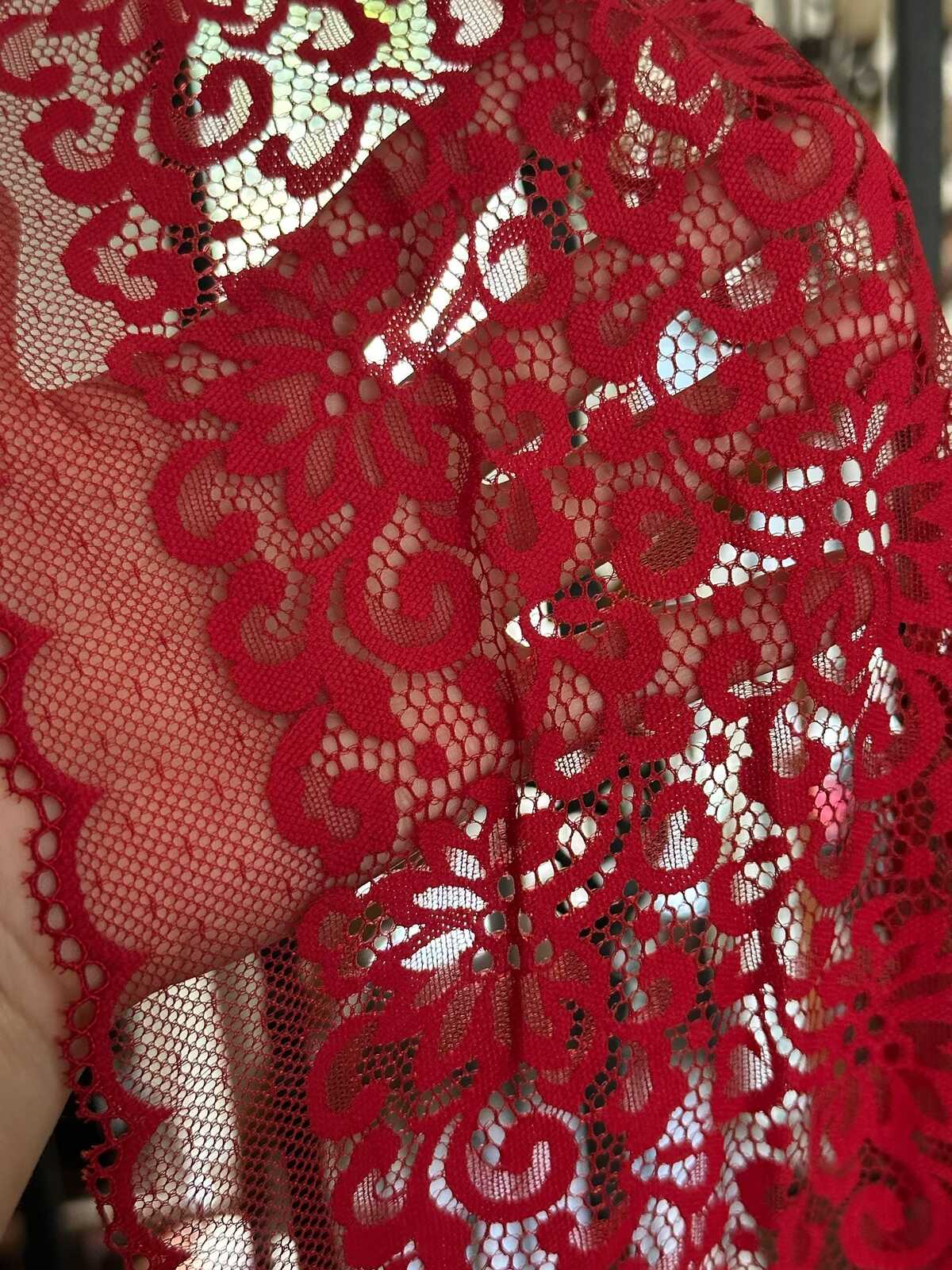 1Yd Soft Stretch 7.5" Red Floral Swiss Dot Mesh Wide Stretch Lace Trim