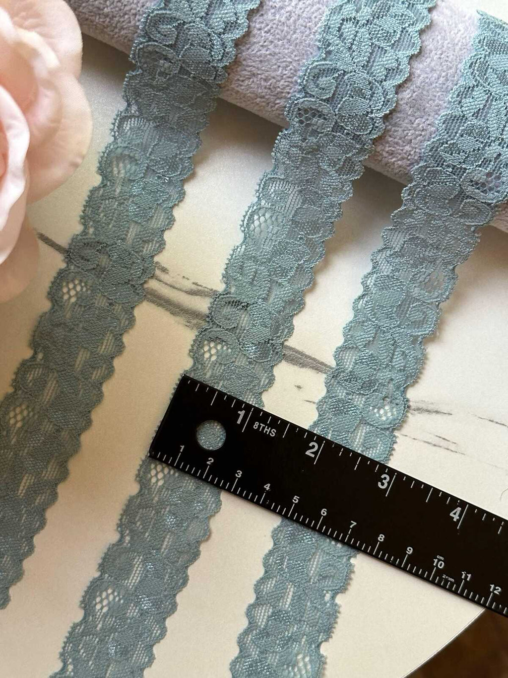 10yds Muted Sage Dust Floral Stretch Elastic Lace Trim, Symmetrical Semicircle Scalloped Narrow Ribbon for Lingerie Underwear Crafts, 1"