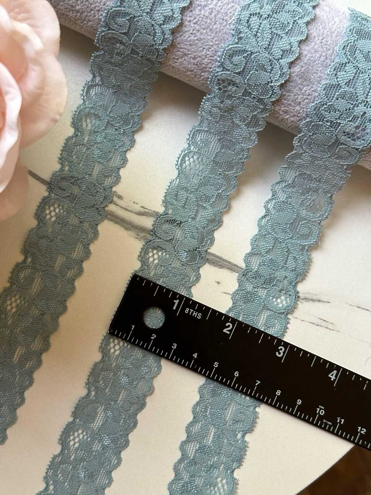 10yds Muted Sage Dust Floral Stretch Elastic Lace Trim, Symmetrical Semicircle Scalloped Narrow Ribbon for Lingerie Underwear Crafts, 1"