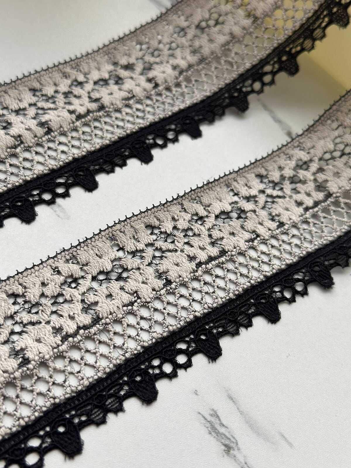 6Yds Stretch 2" Black Off-White  Two Tone Unique Floral Mesh Stretch Lace Trim