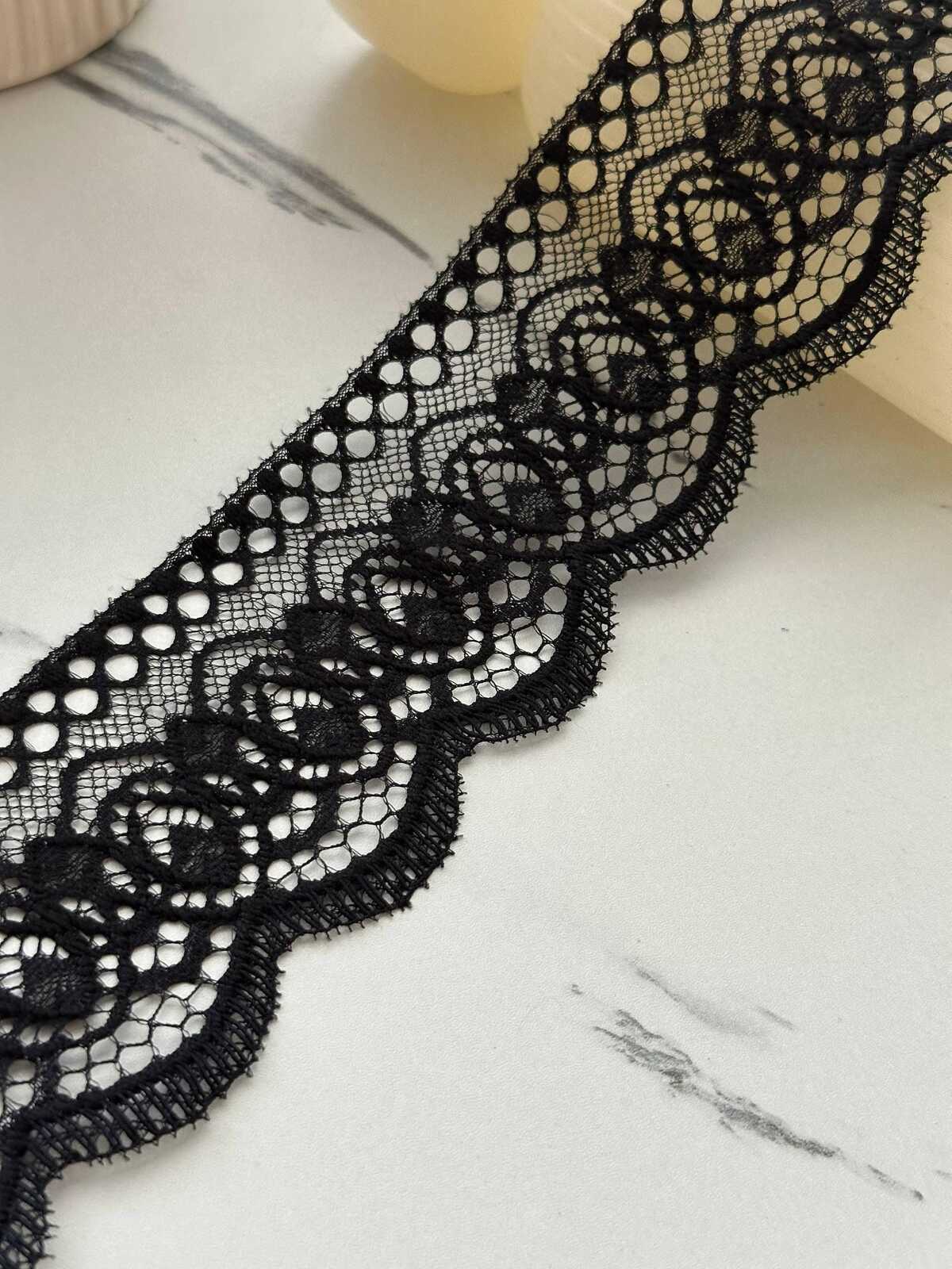 5Yds Non-Stretch 2.4" Black Embossed Floral Scalloped Mesh Lace Trim Wholesale