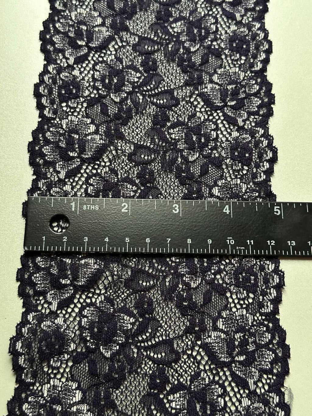 Dark Indigo Navy Violet Floral Stretch Elastic Lace Trim Symmetrical Double Scalloped Wide Galloon Ribbon fs Crafts Sewing, 4.85"