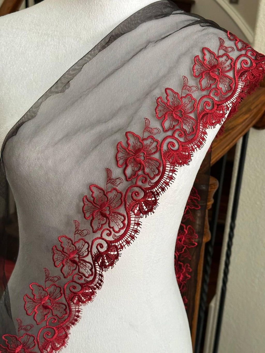 Crimson Red Floral Embroidered Organza Mesh Eyelash Lace Trim, 3" Floral 7" Total Wide Tulle Scalloped Ribbon, Retail Wholesale Bulk
